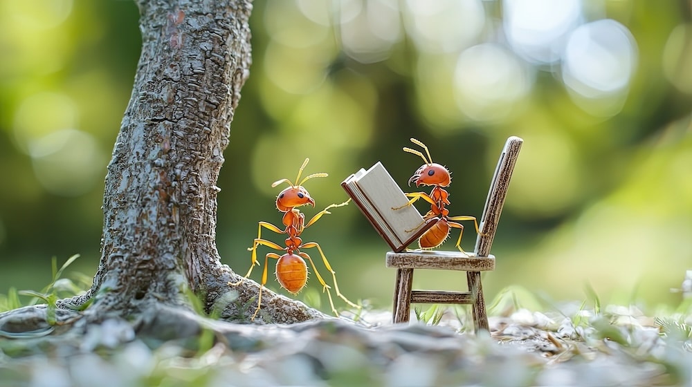 Weaver ants reading a book under a tree in a sunny day