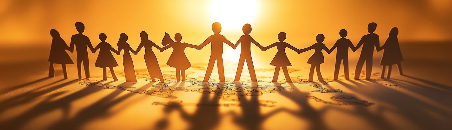 Sunset Unity Paper figures holding hands on world map, hope concept