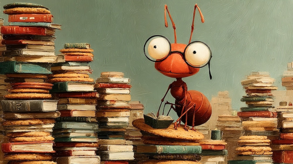 A depiction of a scarlet ant perched atop an accumulation of literature adjacent to a mound of doughnuts
