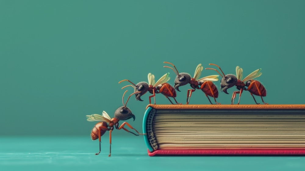 Five cheerful ants near one big book. Teal wall background