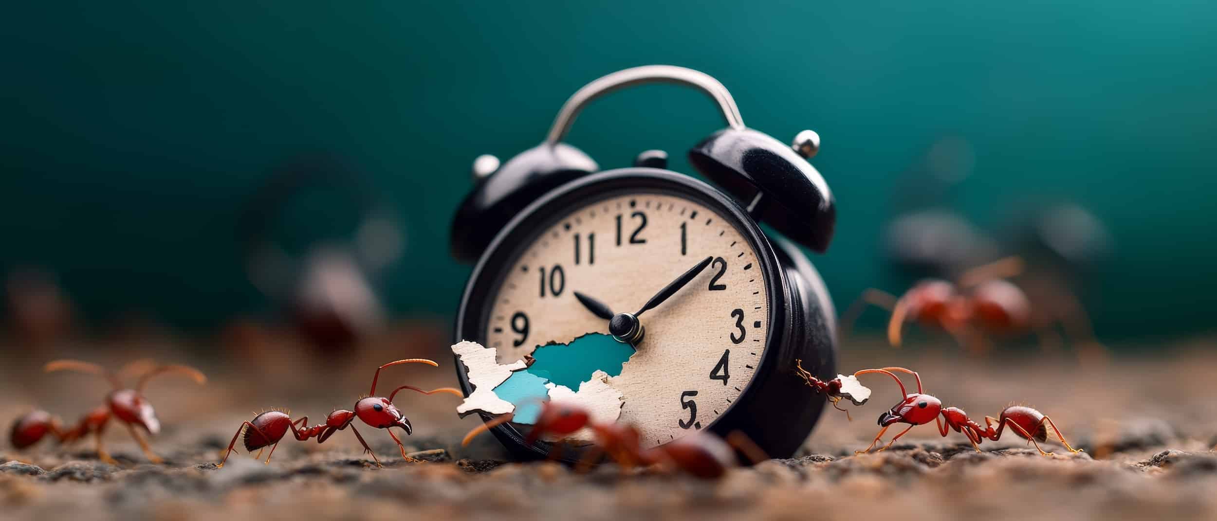 time management concept with alarm clock and ants working together.